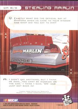 2002 Press Pass Optima - Q and A #QA 8 Sterling Marlin Back