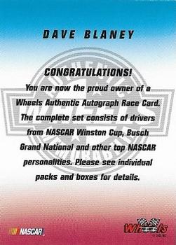 2002 Wheels High Gear - Autographs #NNO Dave Blaney Back