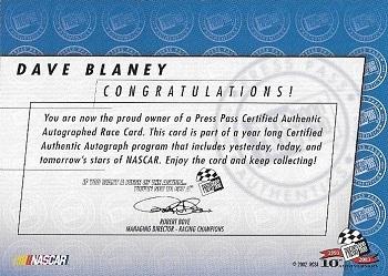 2003 Press Pass - Autographs #NNO Dave Blaney Back
