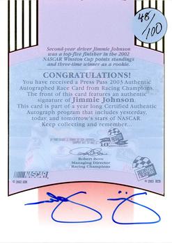 2003 Press Pass - Signings Transparent #NNO Jimmie Johnson Back