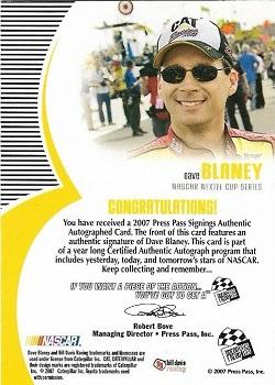 2007 Press Pass - Signings Silver #NNO Dave Blaney Back