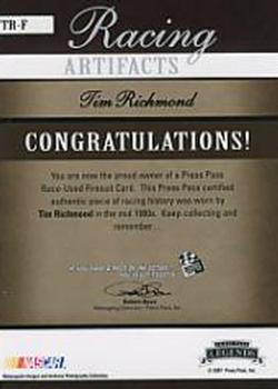 2007 Press Pass Legends - Racing Artifacts Firesuit Bronze #TR-F Tim Richmond Back
