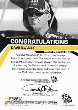 2008 Press Pass - Signings Blue #NNO Dave Blaney Back