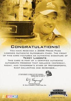 2008 Press Pass Legends - Autographs Blue #NNO Terry Labonte Back