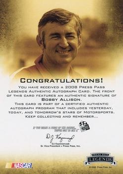 2008 Press Pass Legends - Autographs Blue Inscriptions #NNO Bobby Allison/85 Cup Wins Back