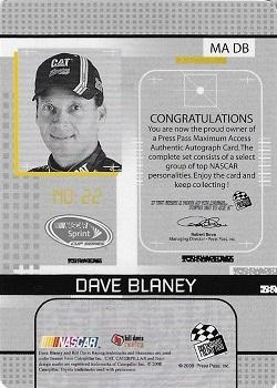 2008 Press Pass Stealth - Maximum Access Autographs #MA DB Dave Blaney Back