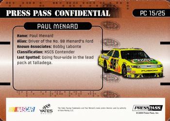 2009 Press Pass Stealth - Press Pass Confidential Confidential! #PC 15 Paul Menard Back