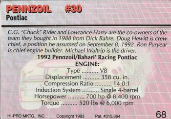 1993 Action Packed #68 Pennzoil #30 Back