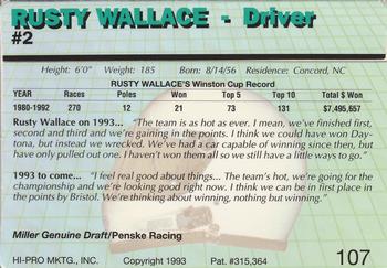 1993 Action Packed #107 Rusty Wallace Back