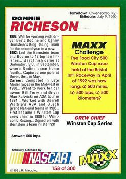 1993 Maxx #158 Donnie Richeson Back