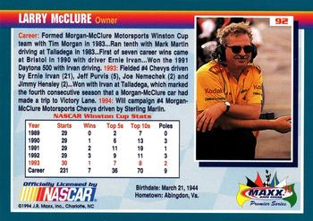 1994 Maxx Premier Series #92 Larry McClure Back