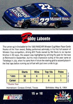 1994 Maxx - Rookies of the Year #15 Bobby Labonte Back