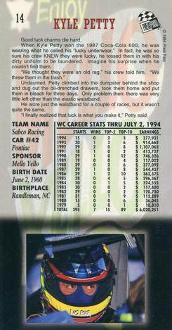 1994 Press Pass Optima XL #14 Kyle Petty Back