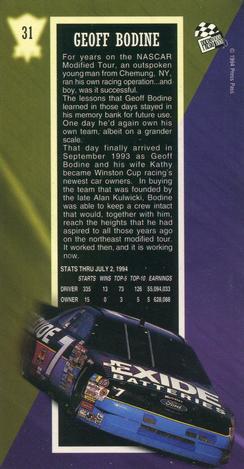 1994 Press Pass Optima XL #31 Geoff Bodine Back