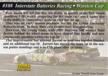 1994 Traks #108 Interstate Batteries Racing Back