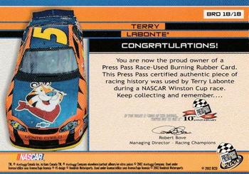 2003 Press Pass - Burning Rubber Drivers #BRD 18 Terry Labonte Back