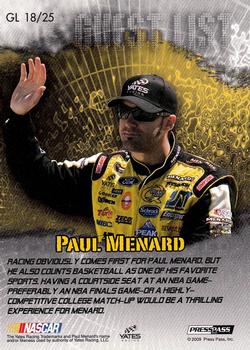 2009 Press Pass VIP - Guest List #GL 18 Paul Menard Back
