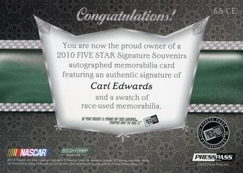 2010 Press Pass Five Star - Signature Souvenirs Gold #SS-CE Carl Edwards Back