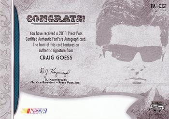 2011 Press Pass Fanfare - FanFare Autographs Bronze #FA-CG1 Craig Goess Back