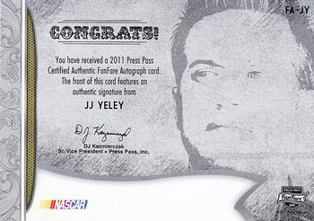 2011 Press Pass Fanfare - FanFare Autographs Bronze #FA-JY J.J. Yeley Back