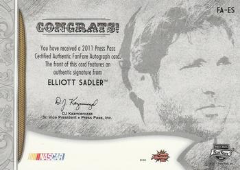 2011 Press Pass Fanfare - FanFare Autographs Gold #FA-ES Elliott Sadler Back