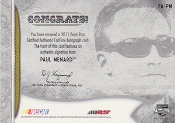 2011 Press Pass Fanfare - FanFare Autographs Silver #FA-PM Paul Menard Back