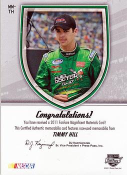 2011 Press Pass Fanfare - Magnificent Materials #MM-TH Timmy Hill Back