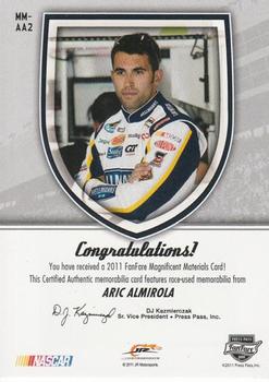 2011 Press Pass Fanfare - Magnificent Materials Dual Swatches #MM-AA2 Aric Almirola Back