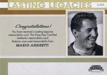 2011 Press Pass Legends - Lasting Legacies Memorabilia Purple #LL-MA Mario Andretti Back