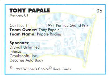 1992 Winner's Choice Busch #106 Tony Papale's Car Back