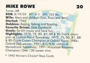 1992 Winner's Choice Busch #20 Mike Rowe Back