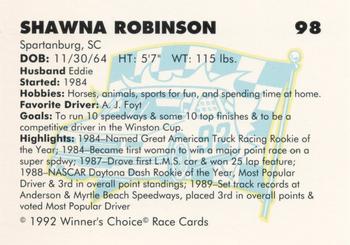 1992 Winner's Choice Busch #98 Shawna Robinson Back