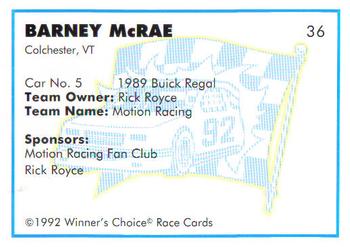 1992 Winner's Choice Busch #36 Barney McRae's Car Back
