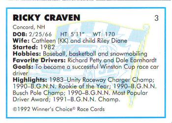 1992 Winner's Choice Busch #3 Ricky Craven Back