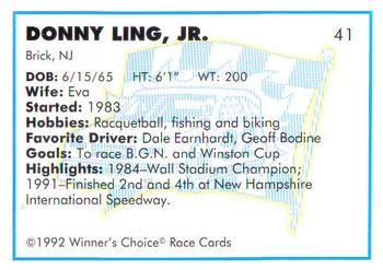 1992 Winner's Choice Busch #41 Donny Ling, Jr. Back