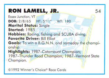 1992 Winner's Choice Busch #54 Ron Lamell Back
