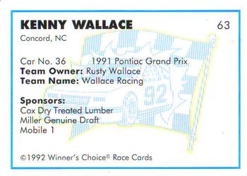 1992 Winner's Choice Busch #63 Kenny Wallace's Car Back