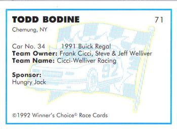 1992 Winner's Choice Busch #71 Todd Bodine's Car Back