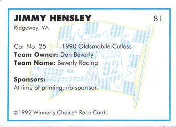 1992 Winner's Choice Busch #81 Jimmy Hensley's Car Back
