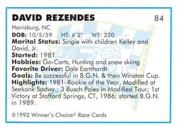 1992 Winner's Choice Busch #84 Dave Rezendes Back