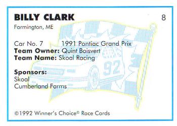 1992 Winner's Choice Busch #8 Billy Clark's Car Back