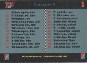 1992 Collect-a-Card Andretti Family Racing #1 Checklist #1 Back