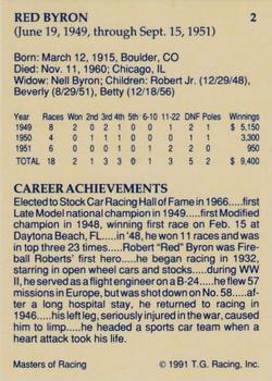 1991-92 TG Racing Masters of Racing Update #2 Red Byron Back
