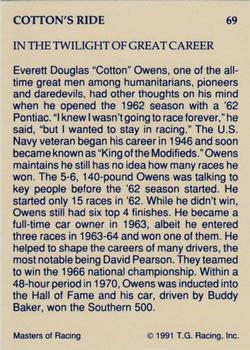 1991-92 TG Racing Masters of Racing Update #69 Cotton Owens Back