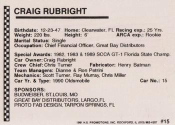 1991 Langenberg ARCA/Hot Stuff #15 Craig Rubright Back