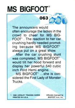 1988 Leesley Bigfoot #063 Ms. Bigfoot Back