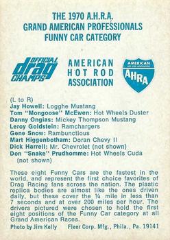 1971 Fleer AHRA Drag Champs #NNO Jay Howell / Tom McEwen / Danny Ongais / Leroy Goldstein / Gene Snow / Mart Higgenbotham Back
