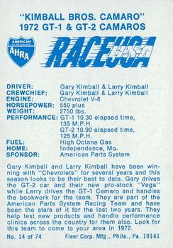 1973 Fleer AHRA Race USA #14 Gary Kimball / Larry Kimball Back