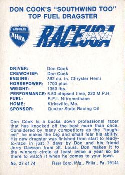 1973 Fleer AHRA Race USA #27 Don Cook Back