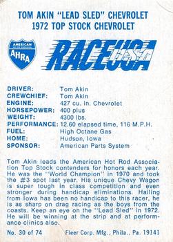 1973 Fleer AHRA Race USA #30 Tom Akin Back